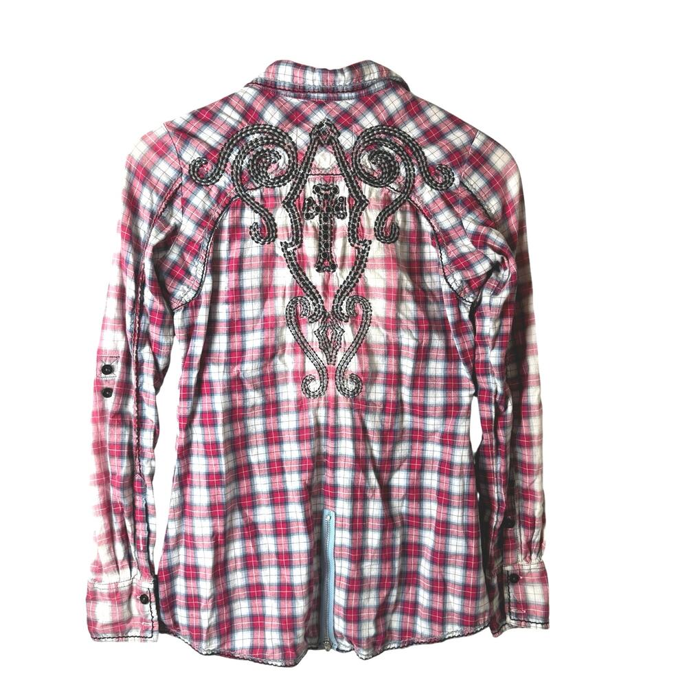 Roar Western Studded Button Up Shirt Women's Plaid Cowgirl Embroidered Y2K Cross